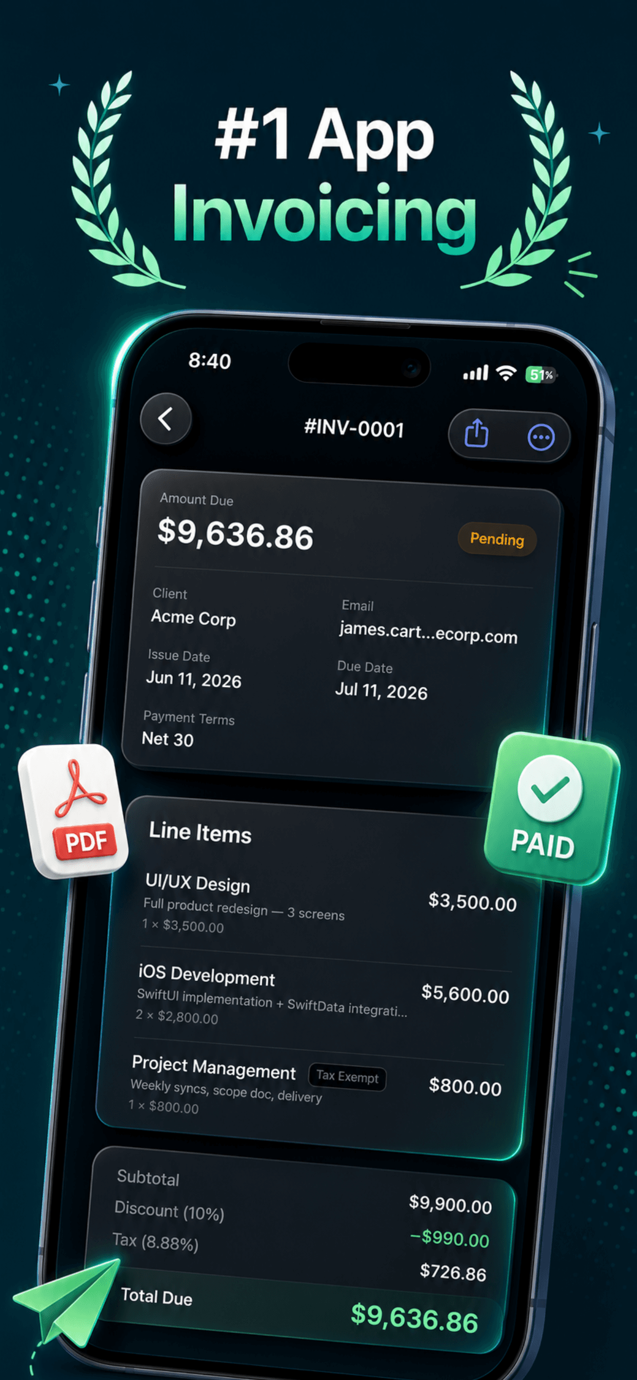 Invoice Generator marketing screenshot showing an invoice with line items and totals