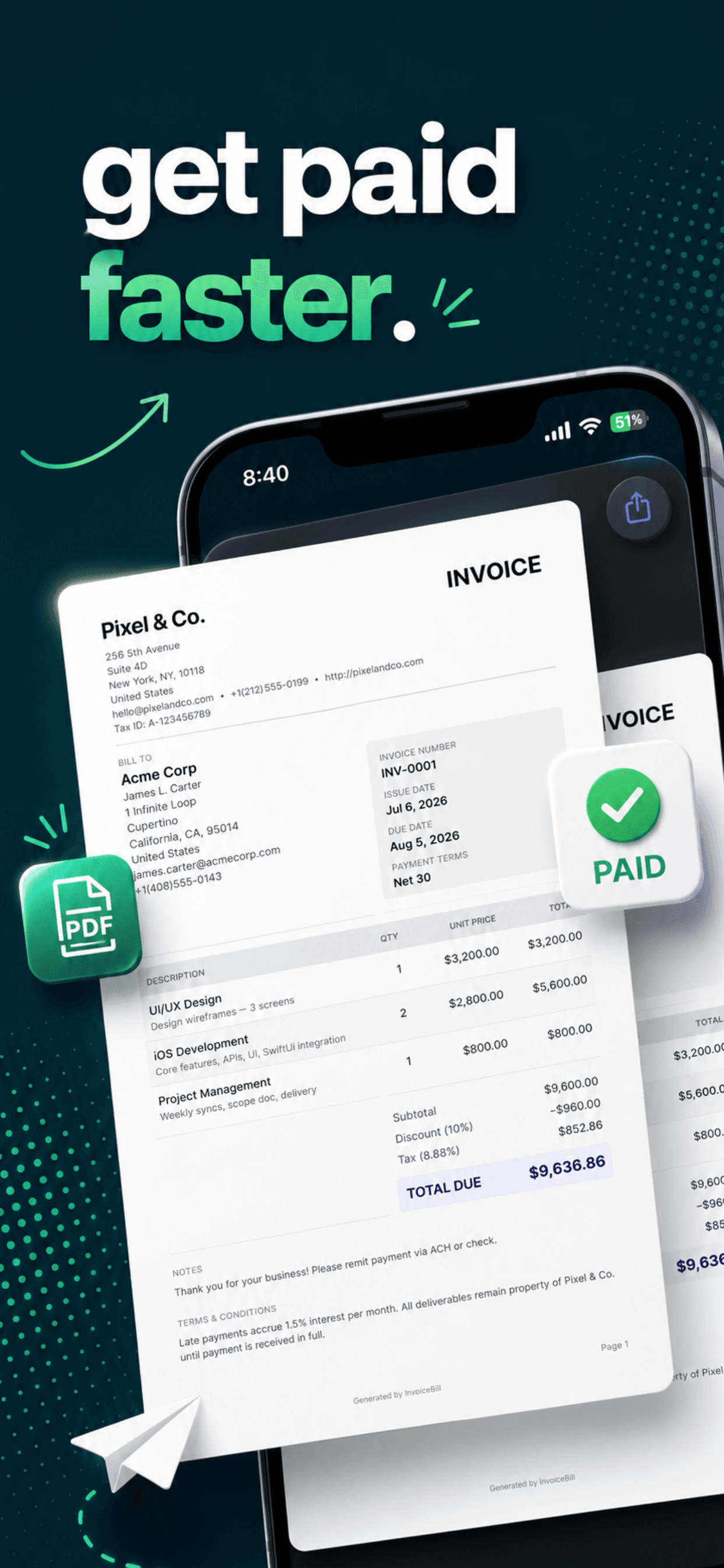 Invoice Generator showing a polished PDF invoice